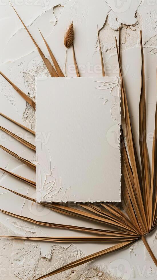 a Beautiful ultra minimalistic boho style of A4 and thank you cards blank invitation mockup in diagonal on a palm leaf with a boho neutral and white color background photo