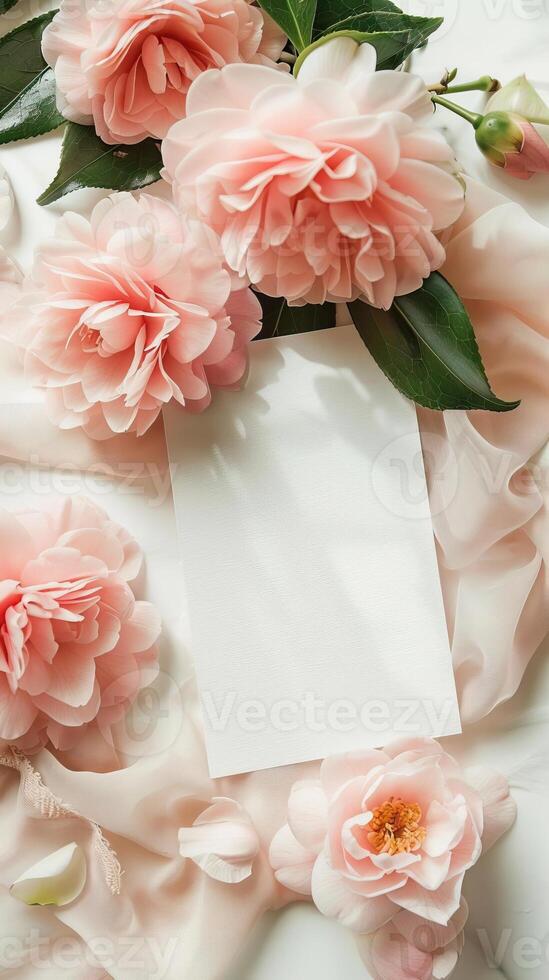 A white table with a bunch of pink camellias on the table photo