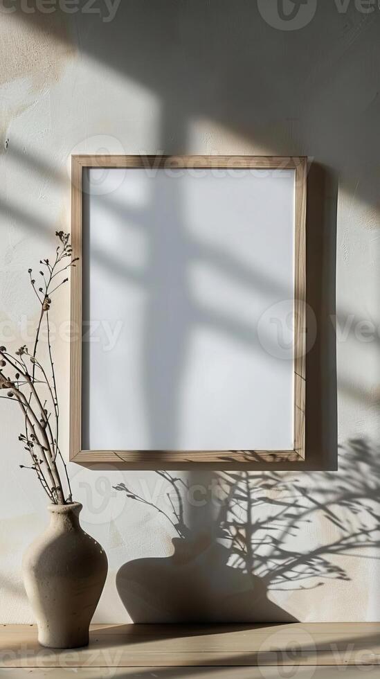 A wooden frame with a blank on a wall, professional, light theme , frame mockups photo