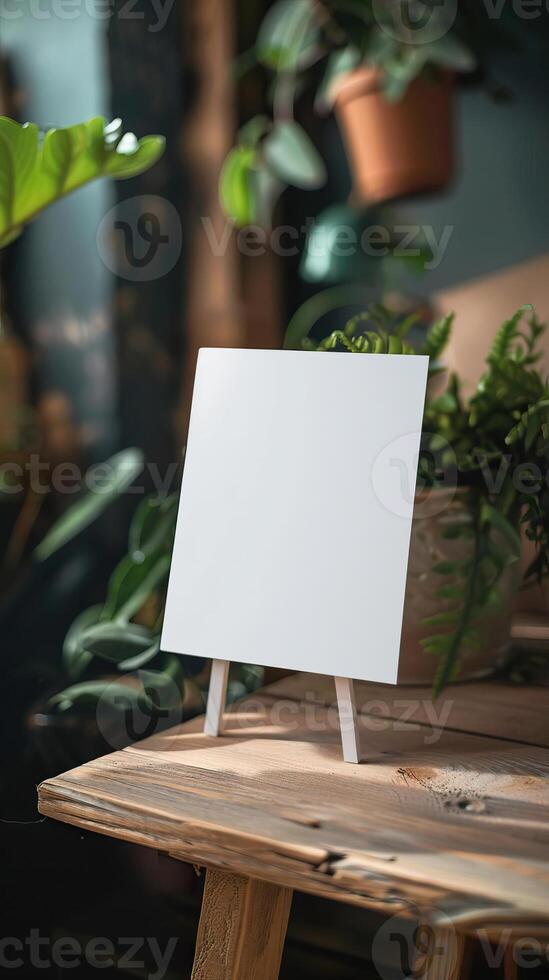 a5 white card standing ontop of a desk, product image photo