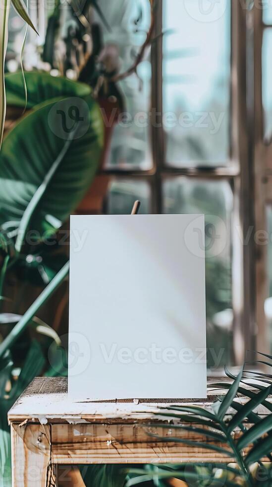 a5 white card standing ontop of a desk, product image photo