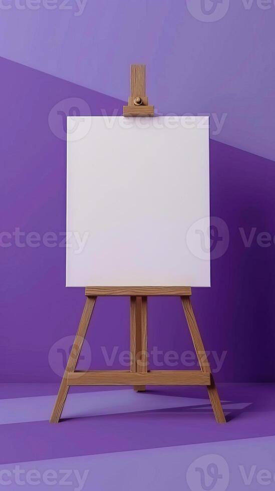 An easel with a white canvas on a stretcher stands in a clean purple blue room photo