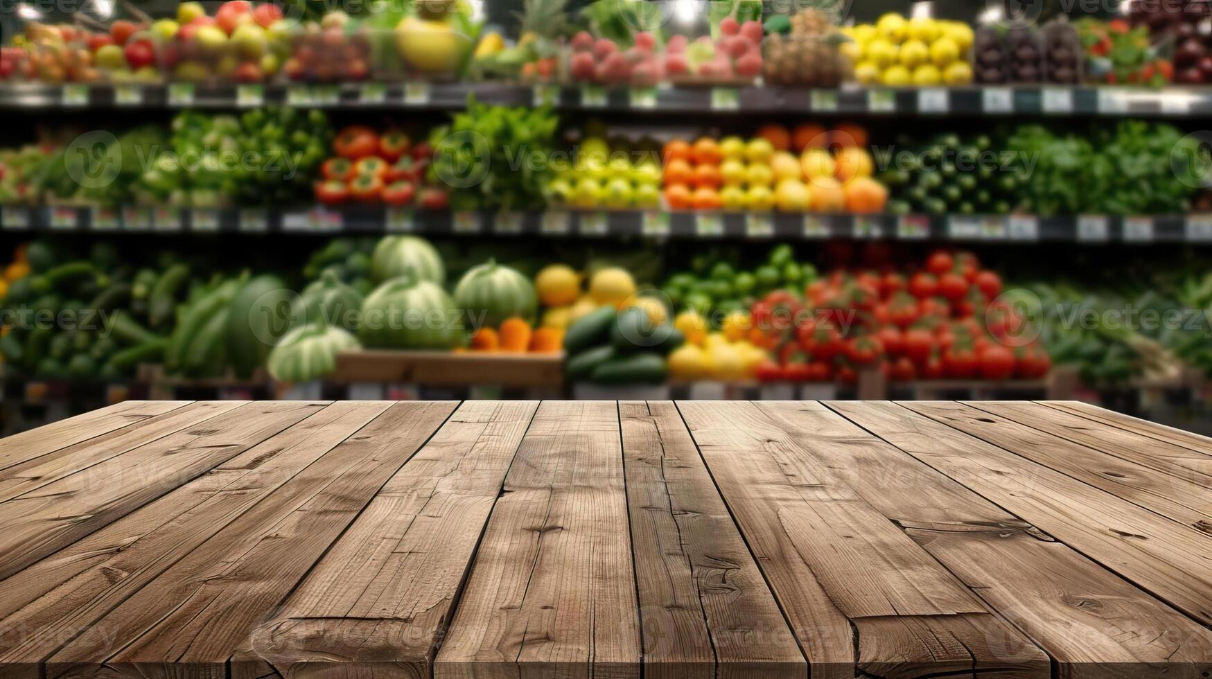 Sleek wooden table foreground with a vibrant background of a well-stocked grocery store, perfect for displaying food products or promotions photo