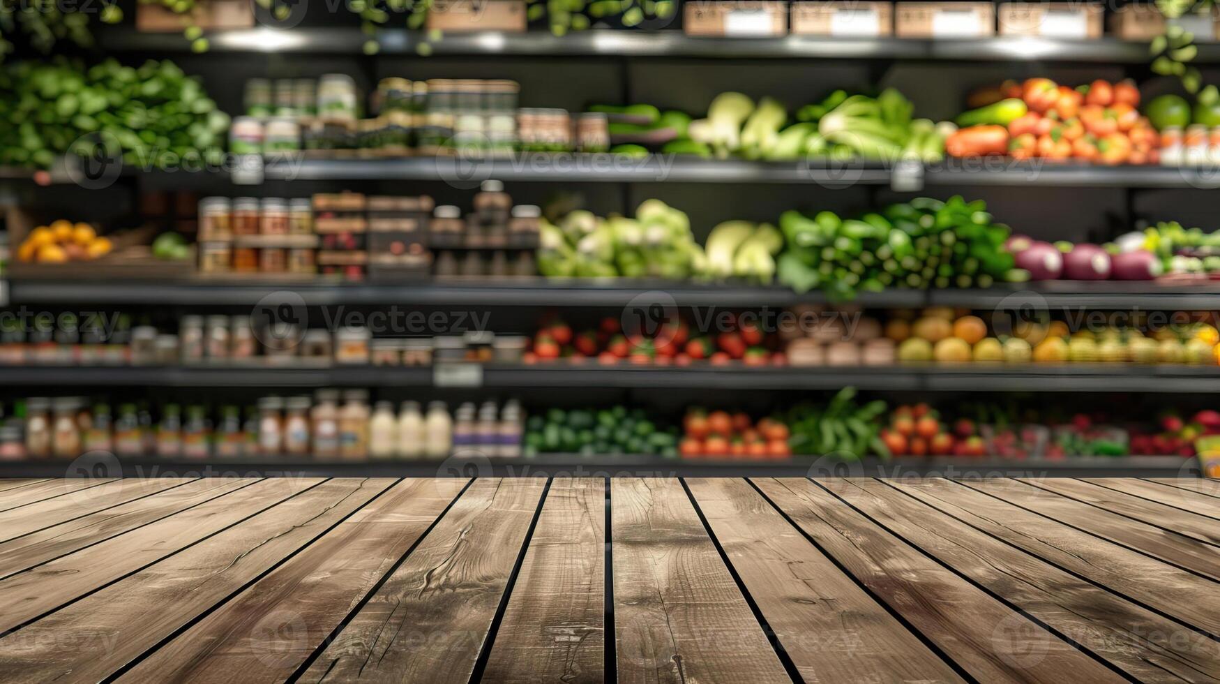Sleek wooden table foreground with a vibrant background of a well-stocked grocery store, perfect for displaying food products or promotions photo