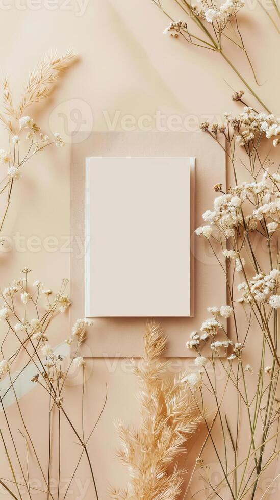 beige colored flat lay mock up with blank center photo