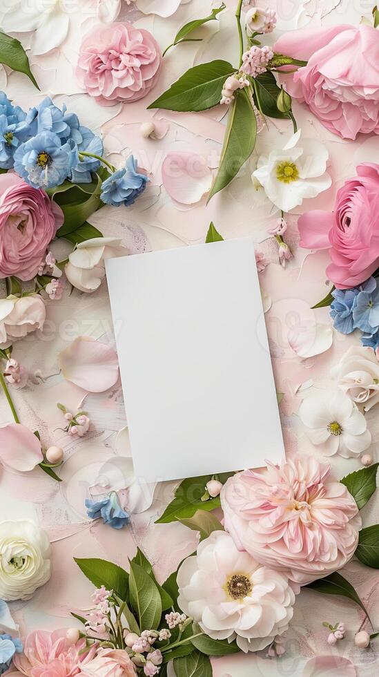 lifestyle product shot for a 5x7 Valentines day themed greeting card Setting Create a romantic flowery backdrop spread including baby blue photo