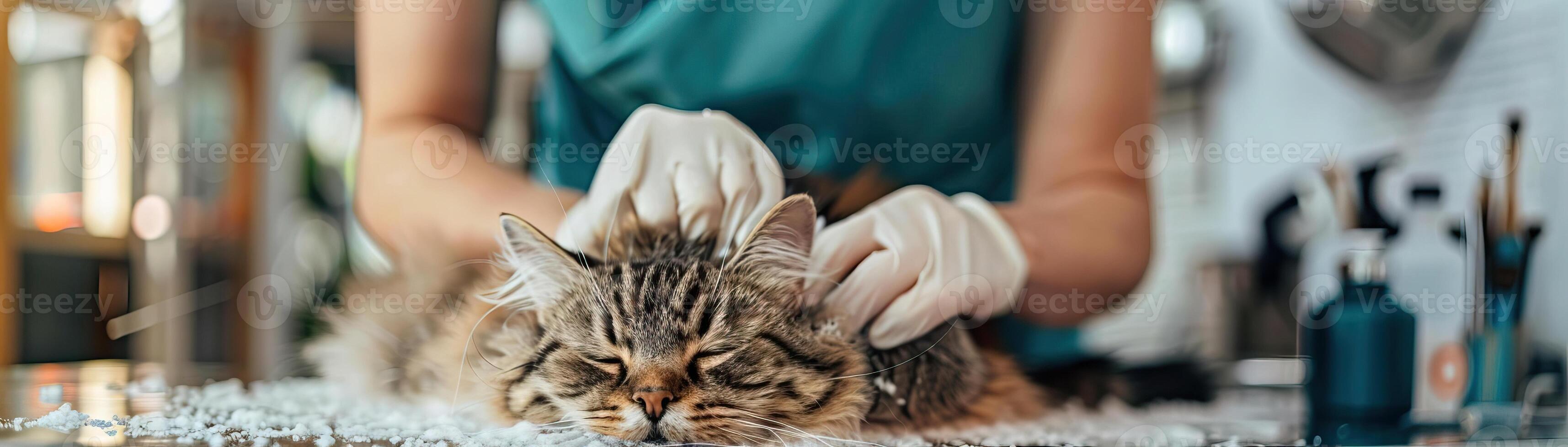 Professional cat grooming session in a pet salon, featuring a calm and content cat being pampered by an experienced groomer in a clean, stylish environment photo