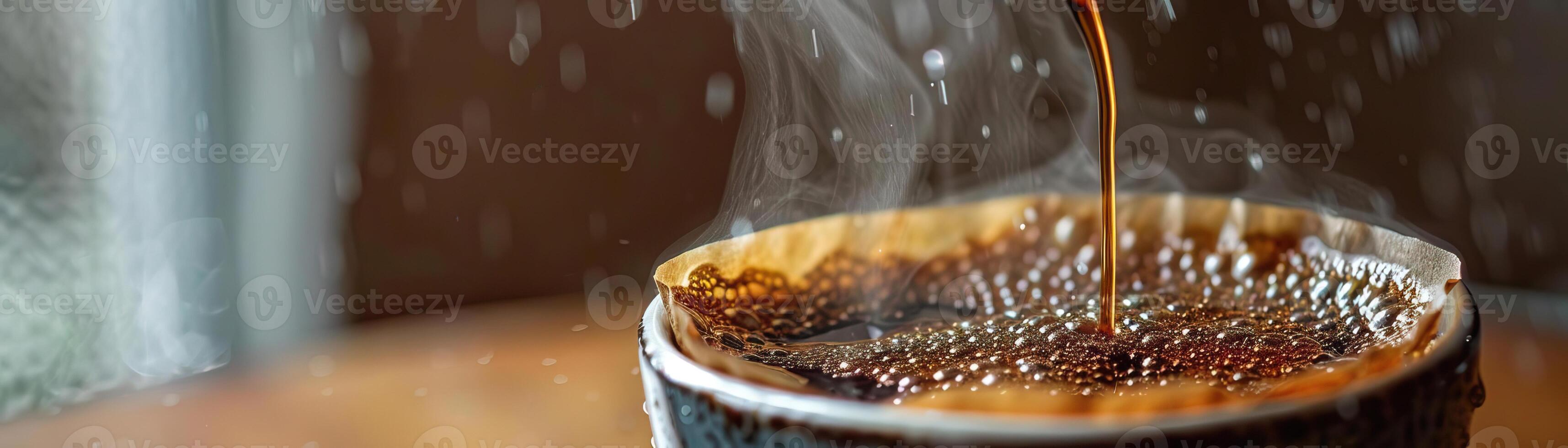 A vibrant, detailed shot of coffee dripping through a metal filter, emphasizing the clarity of the drip and the steam, set against a clean, neutral backdrop, extensive space on the photo