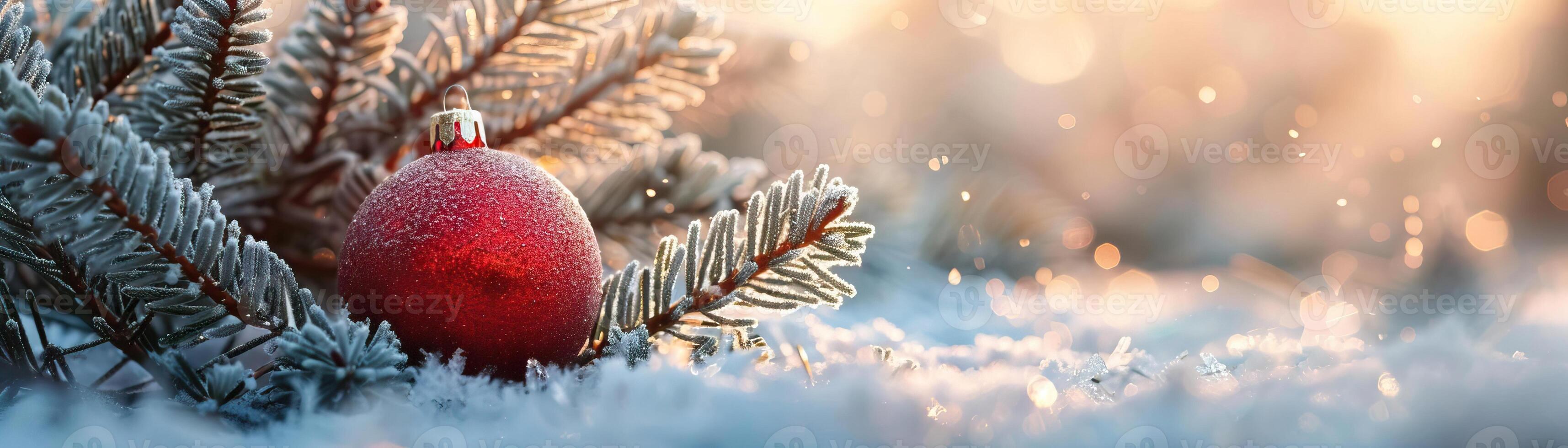 A detailed close-up of a red Christmas ball nestled among frosty fir branches, focusing on the contrast of textures and colors, set against a muted, stylish snowy backdrop, extensi photo