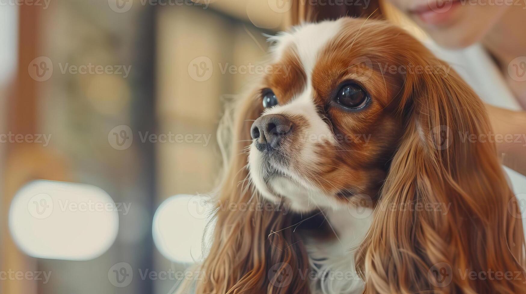 A vertical image of a Cavalier King Charles Spaniel receiving a trim from a young Japanese woman photo