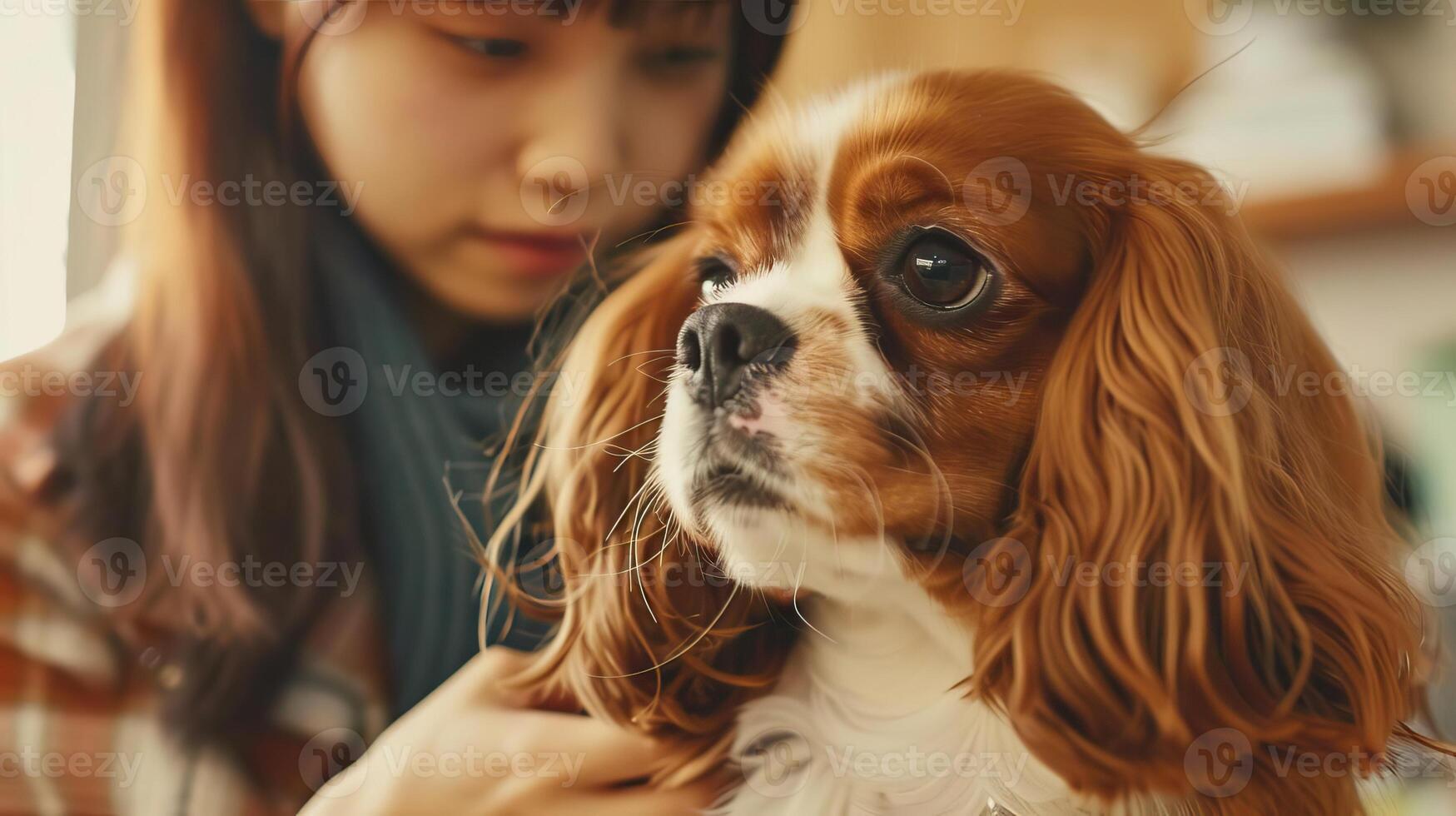 A vertical image of a Cavalier King Charles Spaniel receiving a trim from a young Japanese woman photo