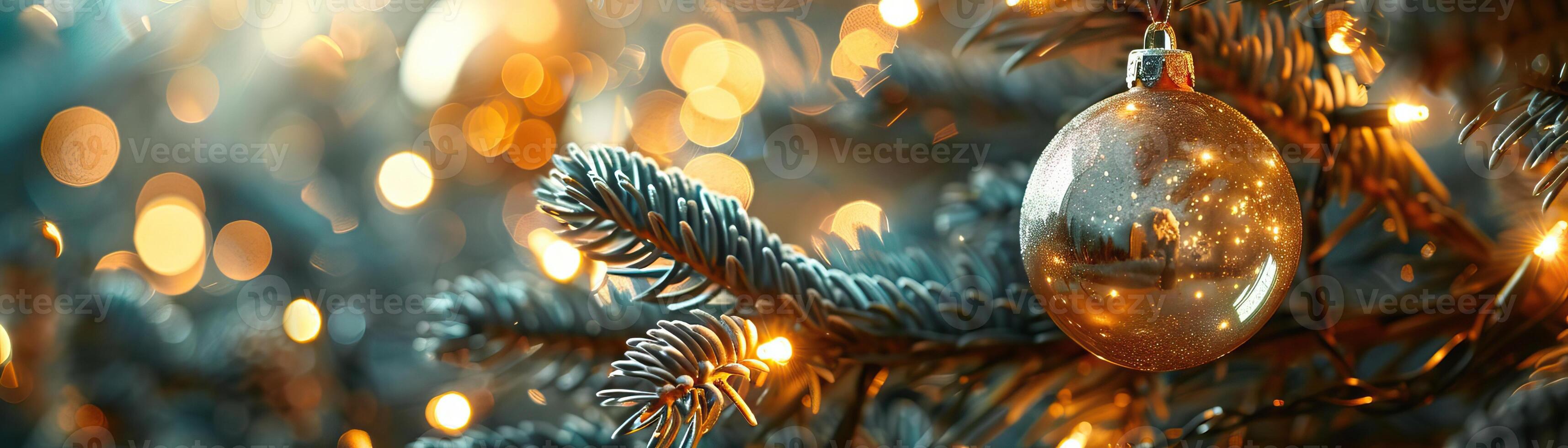 A detailed close-up of a Christmas tree bauble with a reflection of blurred lights, focusing on the festive shine, set against a muted, stylish backdrop, extensive space for text. photo