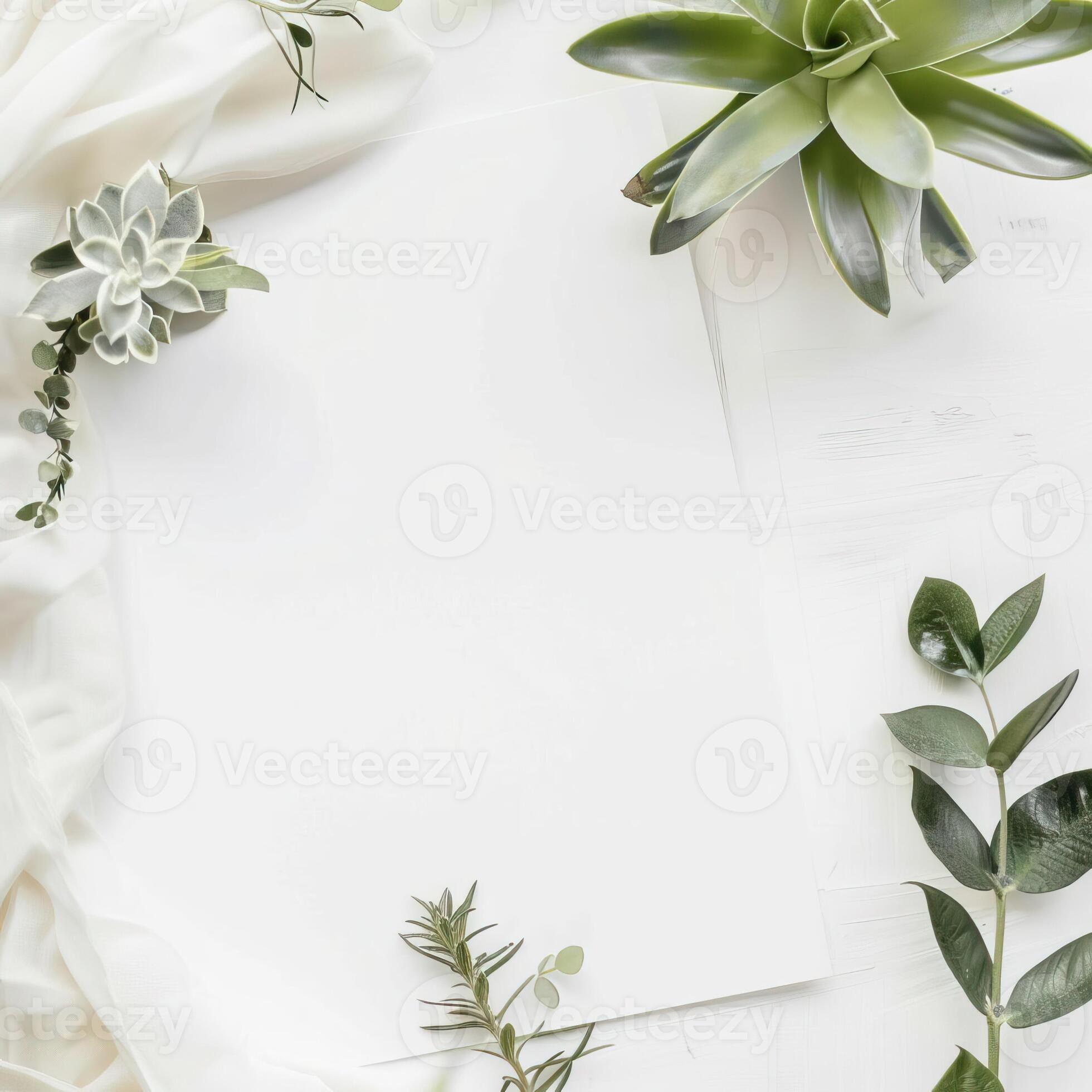 mockup empty, blank sheet of paper zoomed in, watercolor plants at the