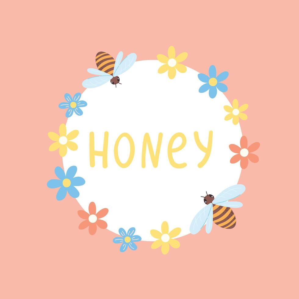 white circle of flowers and bees with word honey on pink background vector