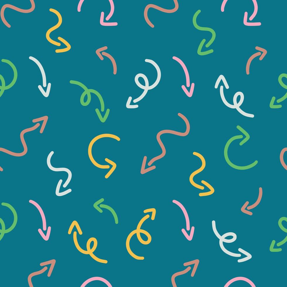 seamless pattern of colorful doodle arrows on a blue background vector