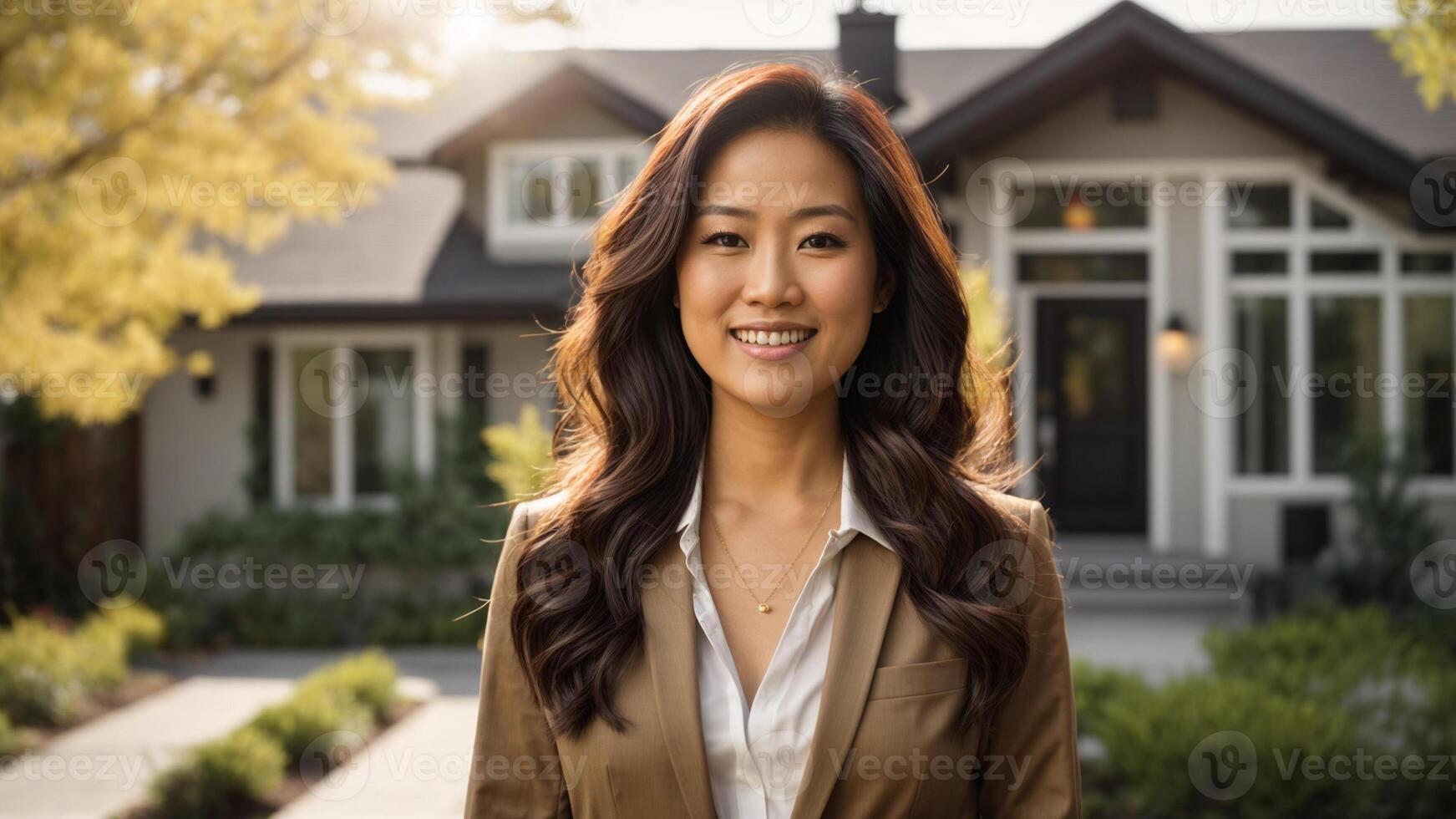Happy Asian female real estate agent making a real estate showing photo