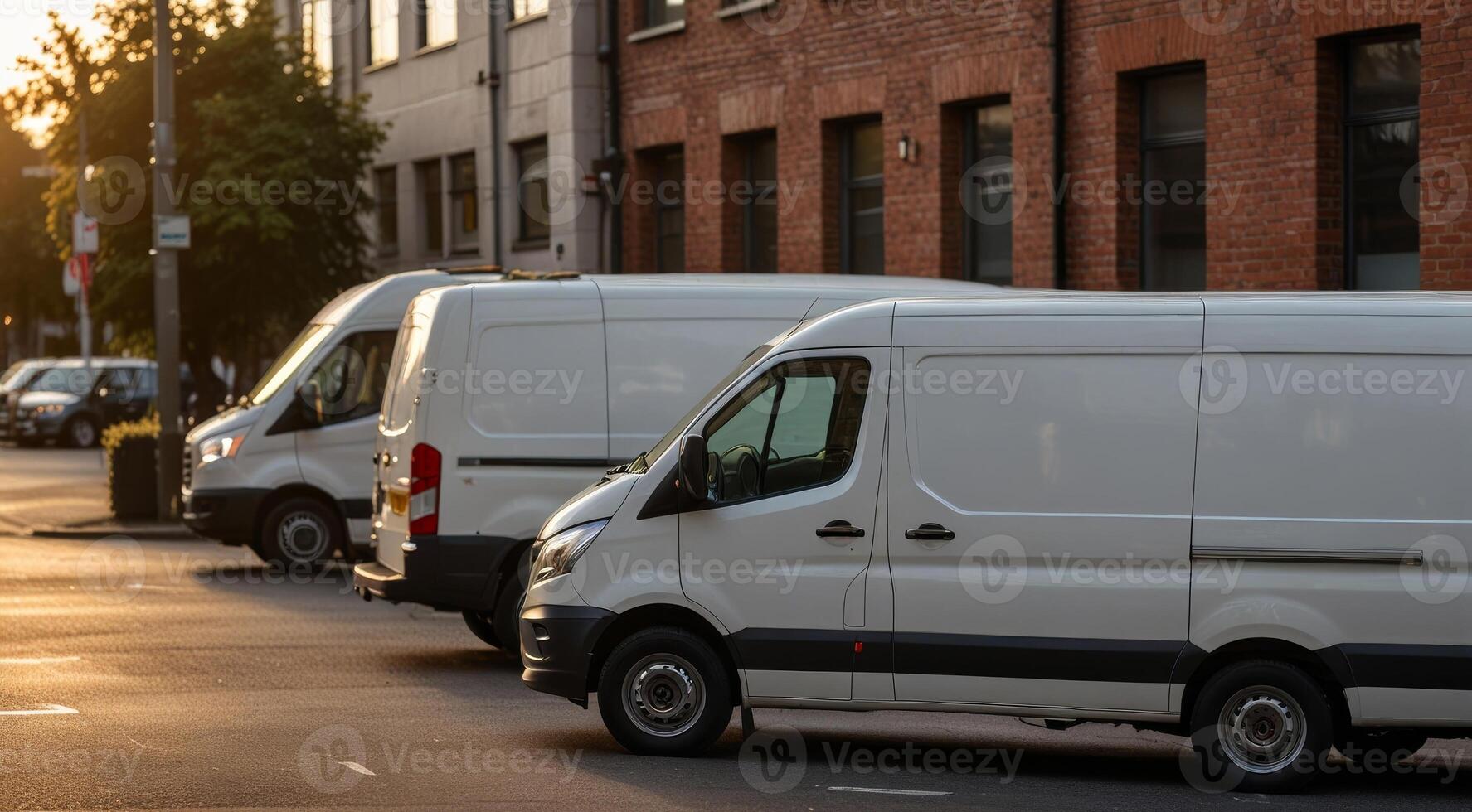 White cars trucks on the street. Parking in city photo