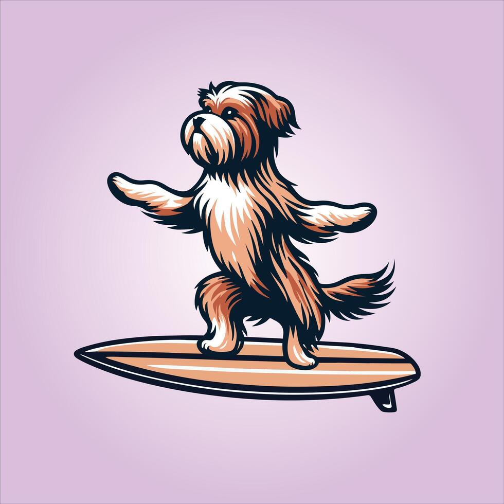 Tibetan Terrier Dog playing surfboards Dog Surfing illustration vector