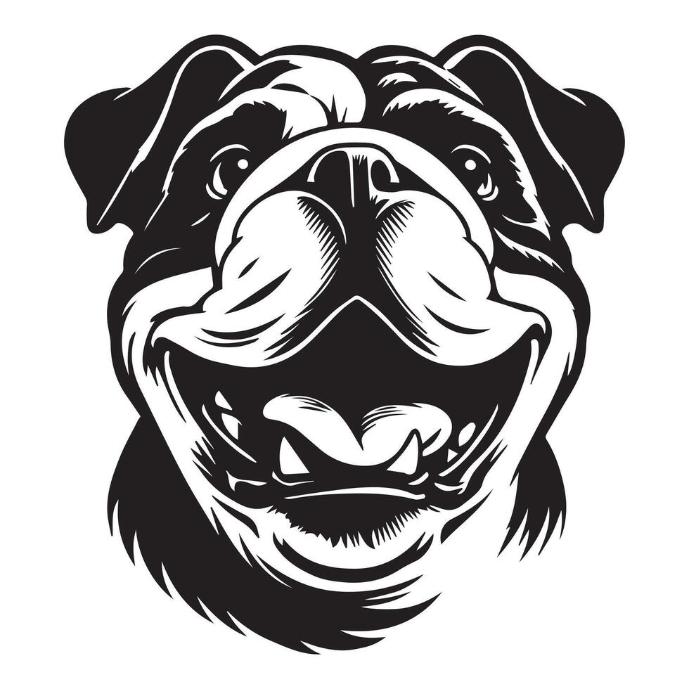 A Energetic English bulldog face illustration in black and white vector