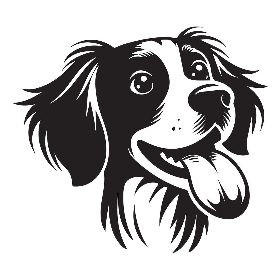 A Playful Brittany Spaniel dog face illustration in black and white vector