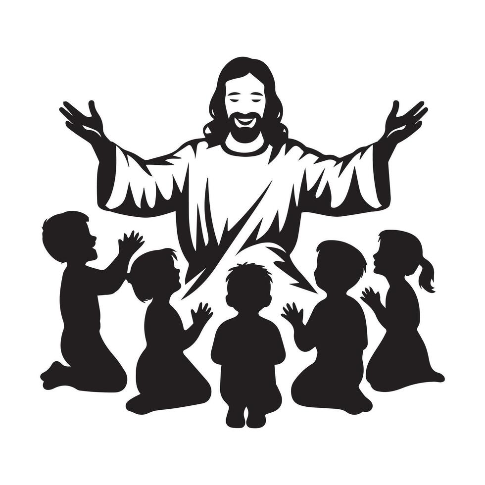 Jesus Blessing the Children illustration in black and white vector