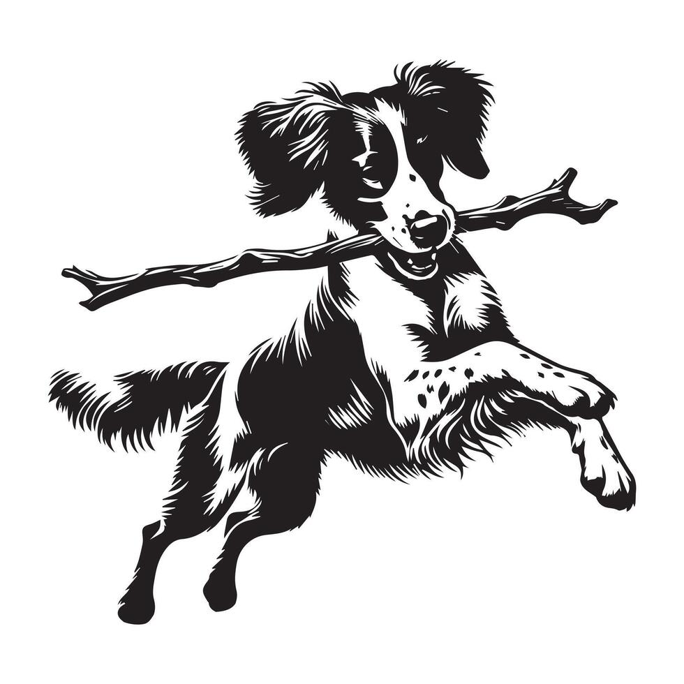 Playful Brittany Spaniel with Stick illustration in black and white vector