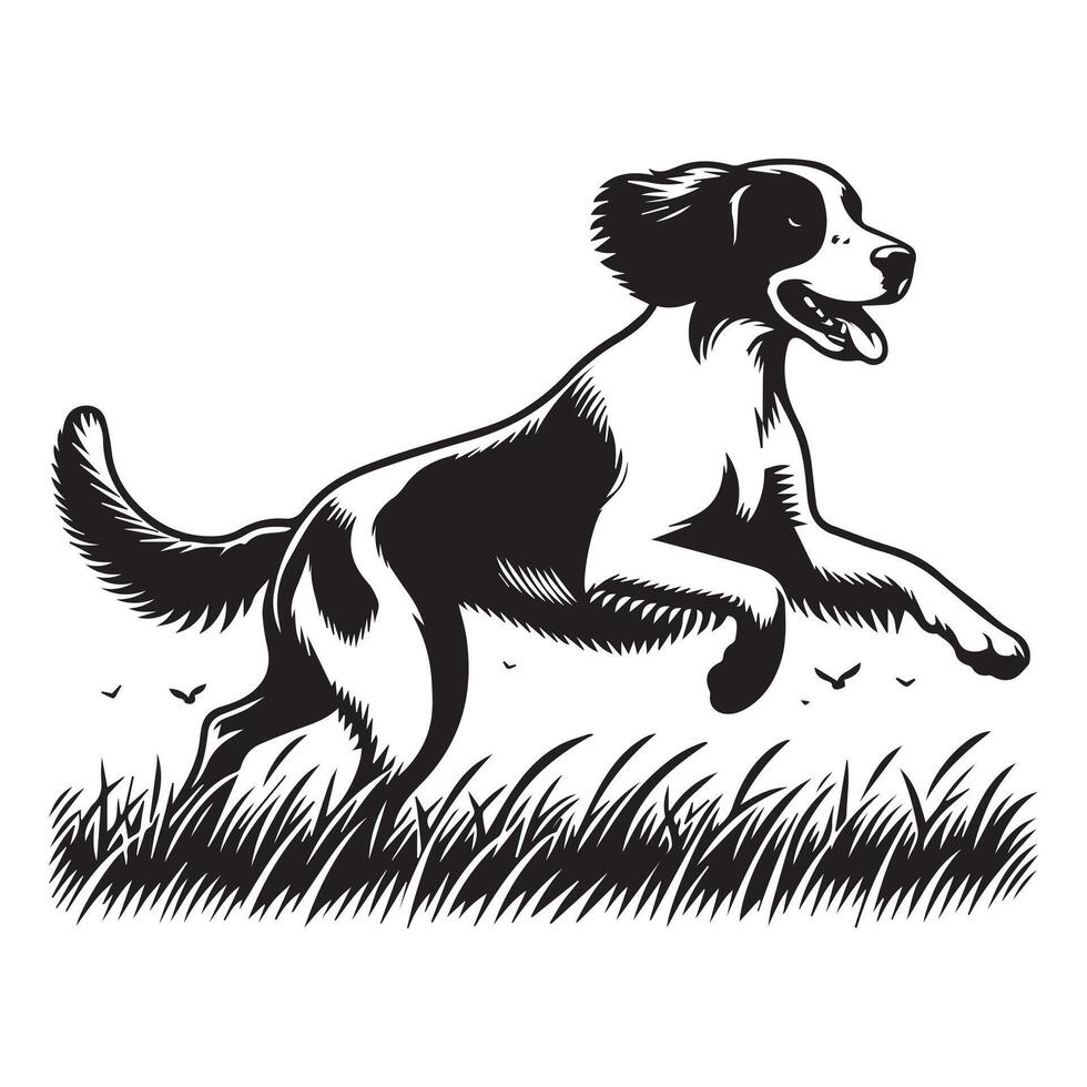 Playful Brittany Spaniel Running illustration in black and white vector