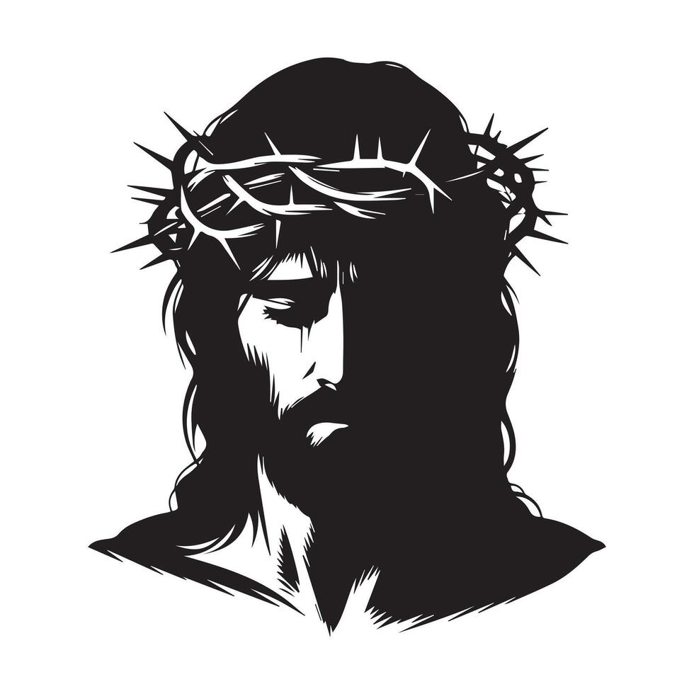 Jesus with a crown of thorns on his head face illustration in black and white vector
