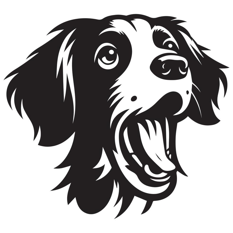An Energetic Brittany Spaniel dog face illustration in black and white vector