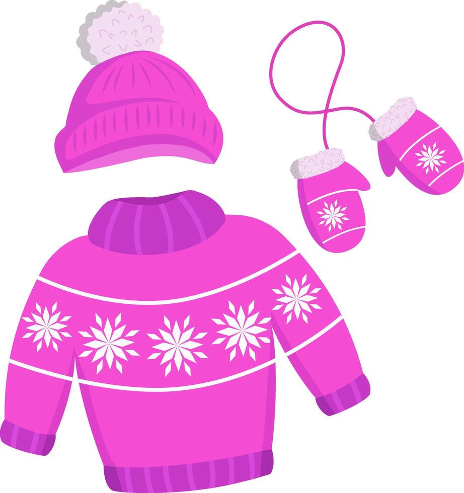 illustration of a knitted hat, scarf and mittens with a decorative pattern on them, isolated in the background. Traditional Christmas clothes for the head, arms and neck. illustration vector