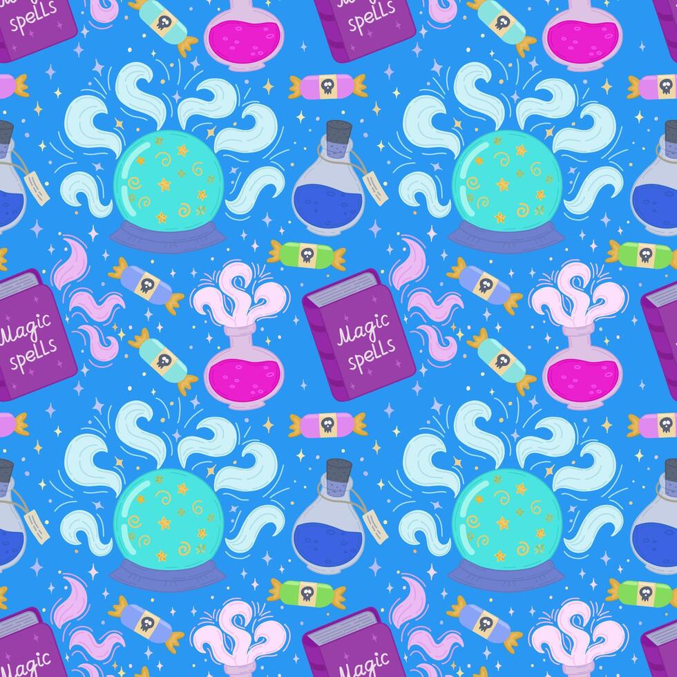 seamless pattern for Halloween.Badges with a magic ball, a book about magic, potions, Halloween candy.Design elements, posters, book cover backgrounds, wallpapers, design,graphics, invitations. illustration vector