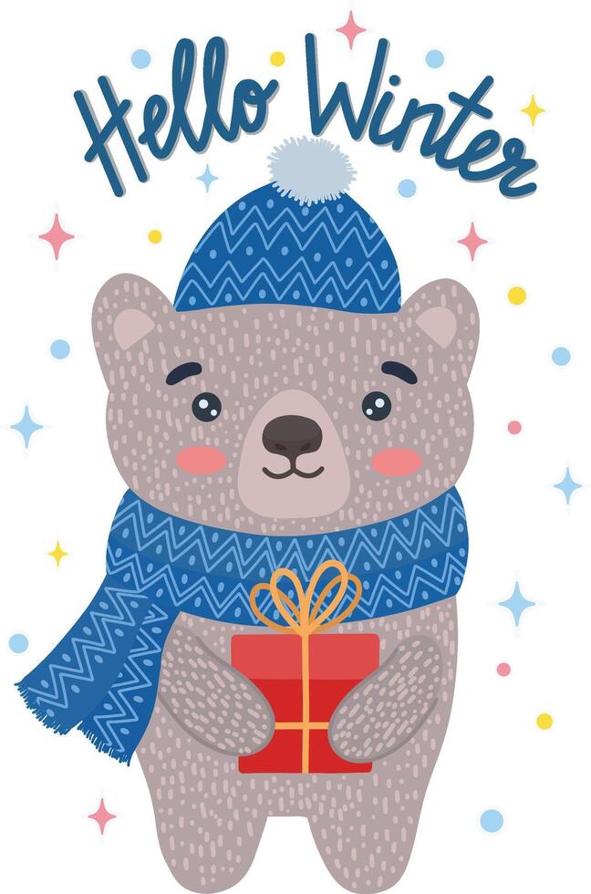 A cute bear in a hat and scarf is standing under the snow with a cup of coffee. Christmas design. illustration. The inscription with congratulations. illustration vector