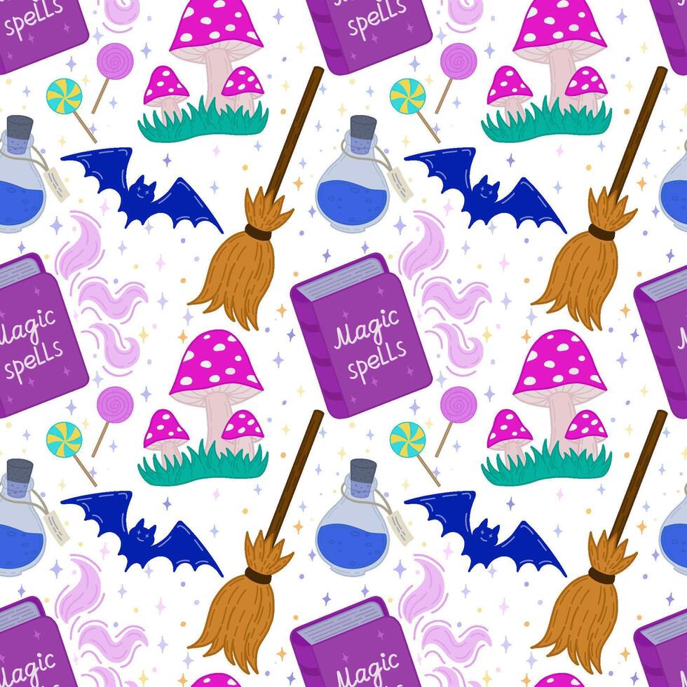 seamless pattern for Halloween. Icons with a bat, a magic book, potions, brooms and sweets.Design elements, posters, book cover backgrounds, desktop wallpapers, design, graphics, invitations. illustration vector