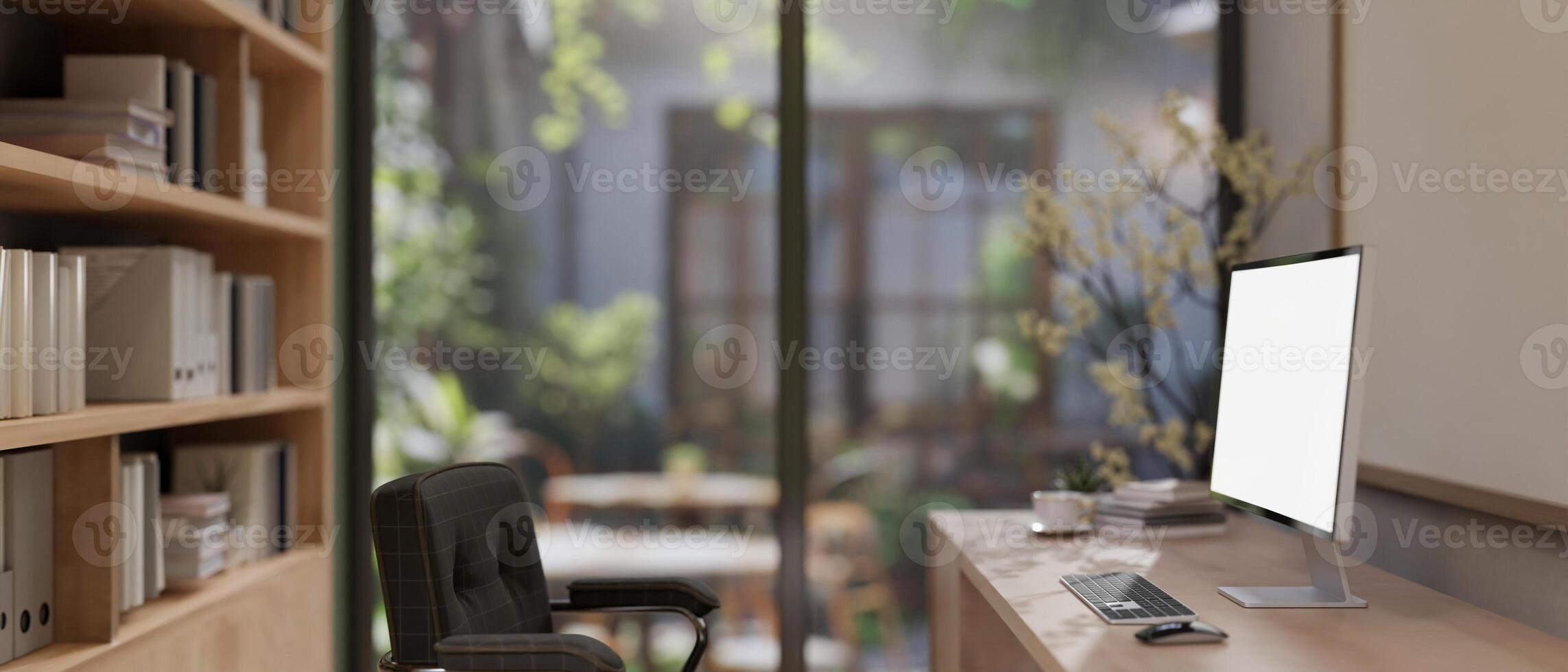 A side view image of a computer desk in a contemporary luxurious home office or private office room. photo