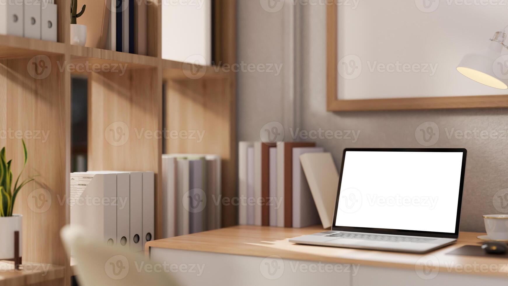 A close-up image of a laptop mockup on a wooden desk in a contemporary minimalist home office. photo