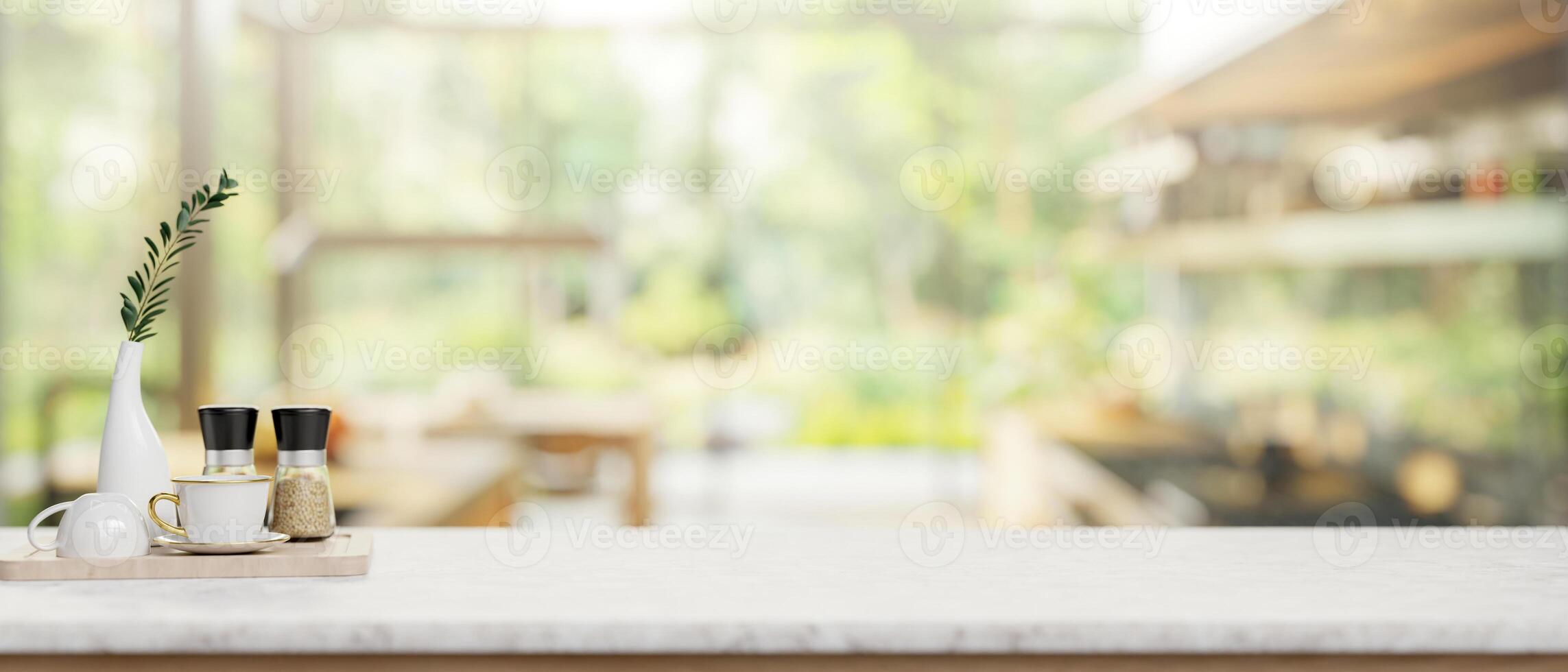 A luxury white marble kitchen tabletop in a contemporary spacious home kitchen. photo