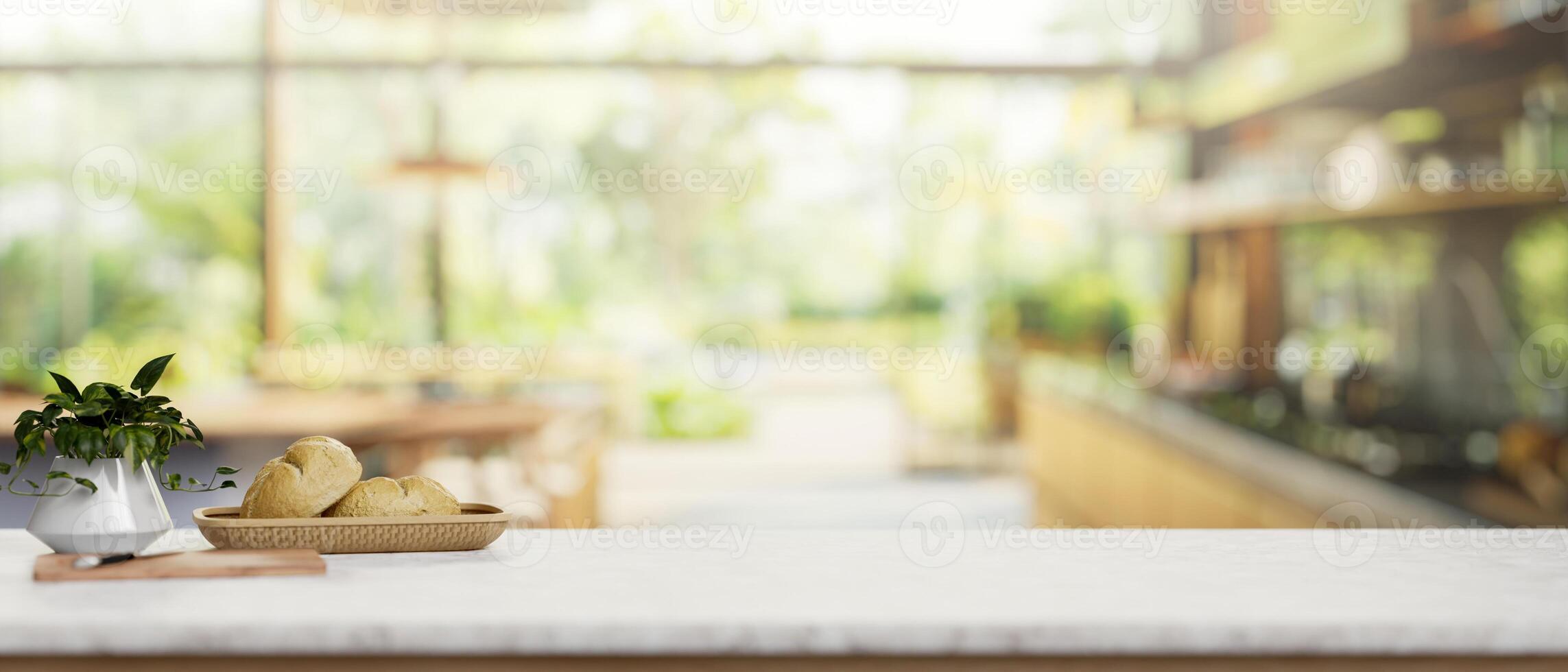 A luxury white marble kitchen tabletop in a contemporary spacious home kitchen. photo