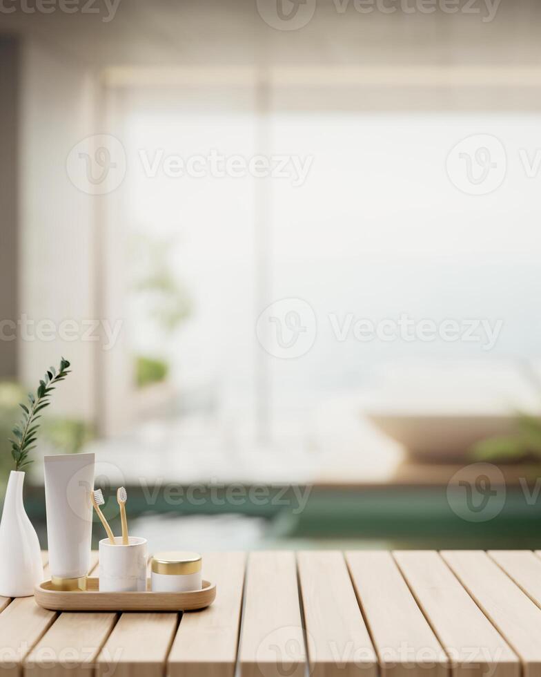 A set of toiletry on a wooden plank table with a blurred background of a contemporary bathroom. photo
