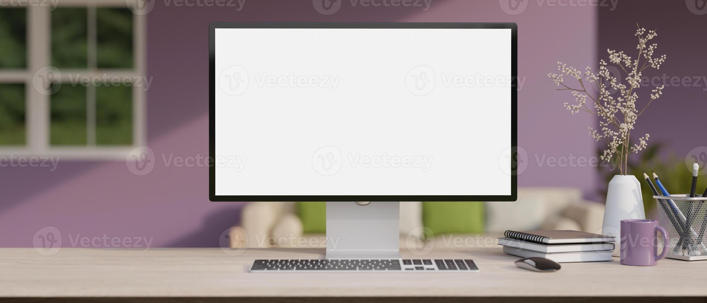 A modern home office with a white-screen computer mockup in a modern, colorful living room. photo