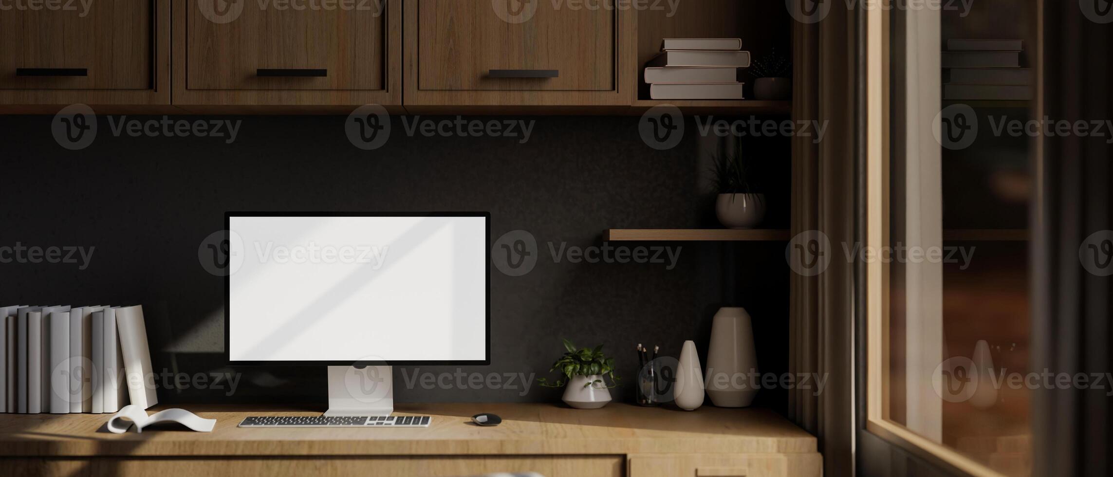 A modern home office with a computer mockup on a wooden desk, a wooden wall cabinet, and decor. photo