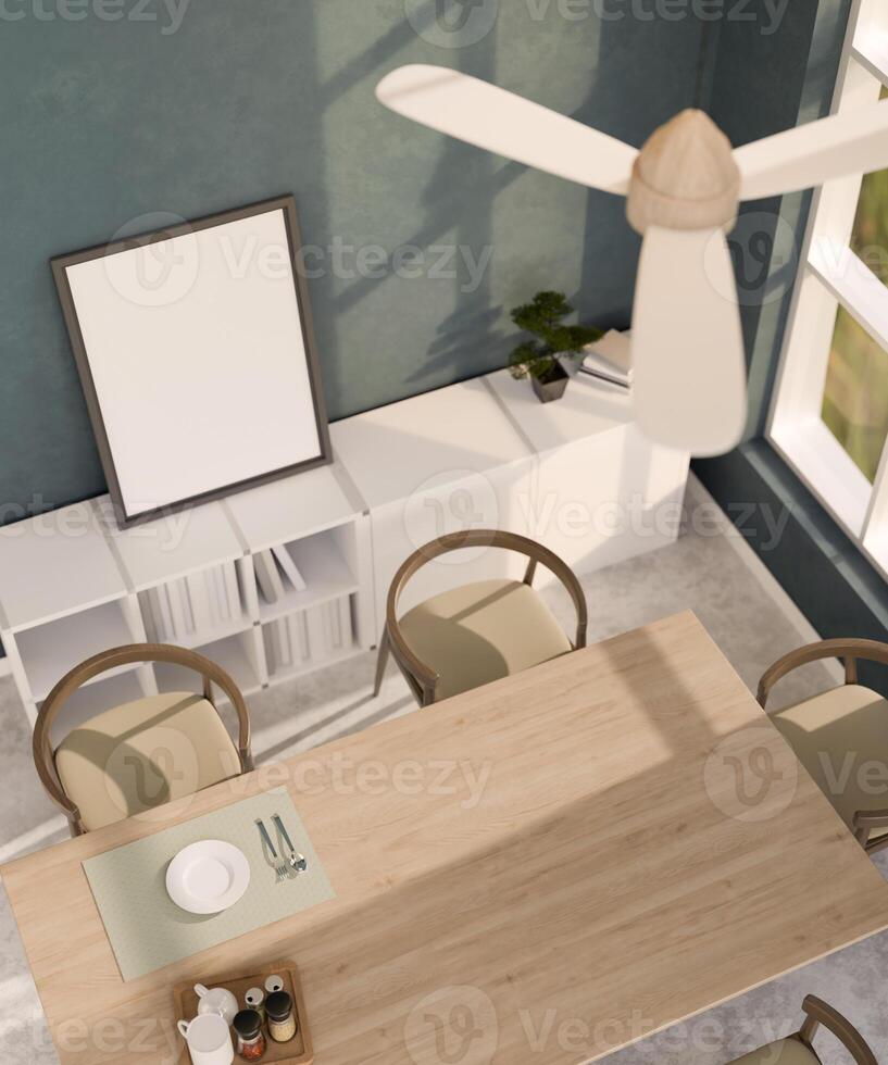 Top view of a modern minimal home dining room with a minimal wooden dining table and decor. photo