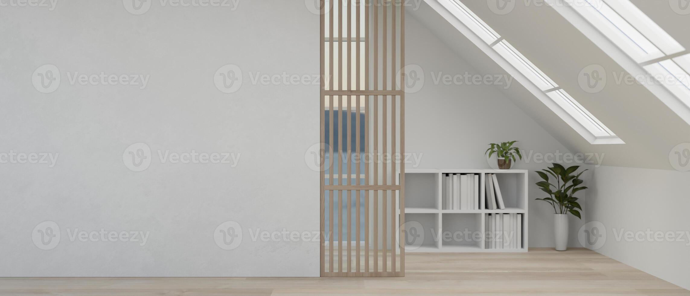 A modern, minimalist white home corridor with white wall, parquet floor, and skylight windows. photo