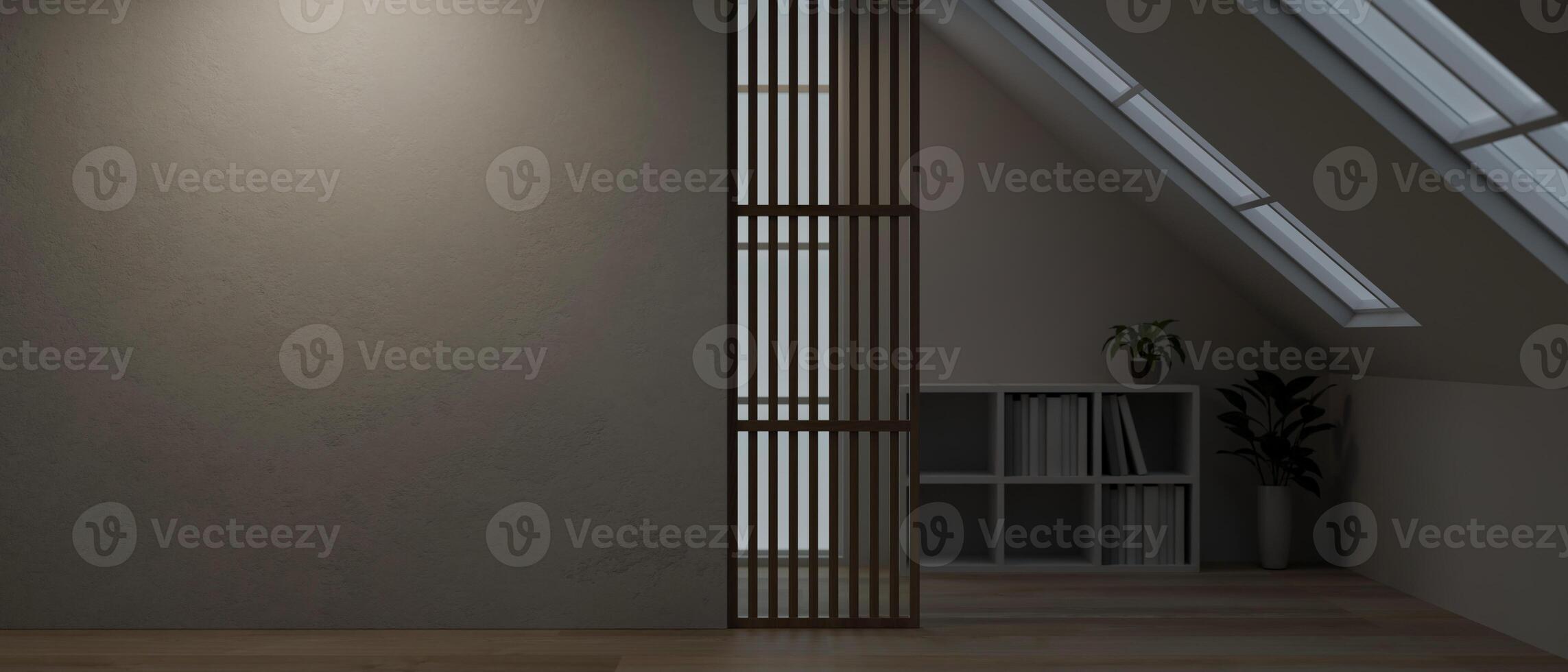 A modern home corridor at night with a bookcase, houseplants, parquet floor, and skylight windows. photo