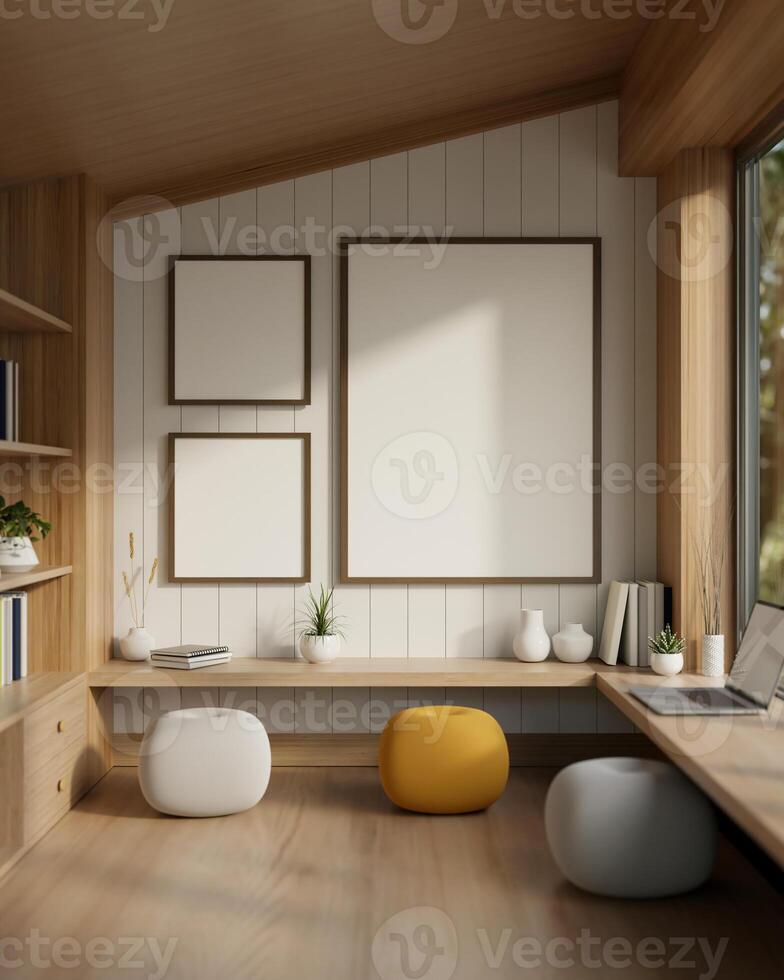 A cozy Scandinavian living room with a lower hardwood table against the wall and poufs. photo
