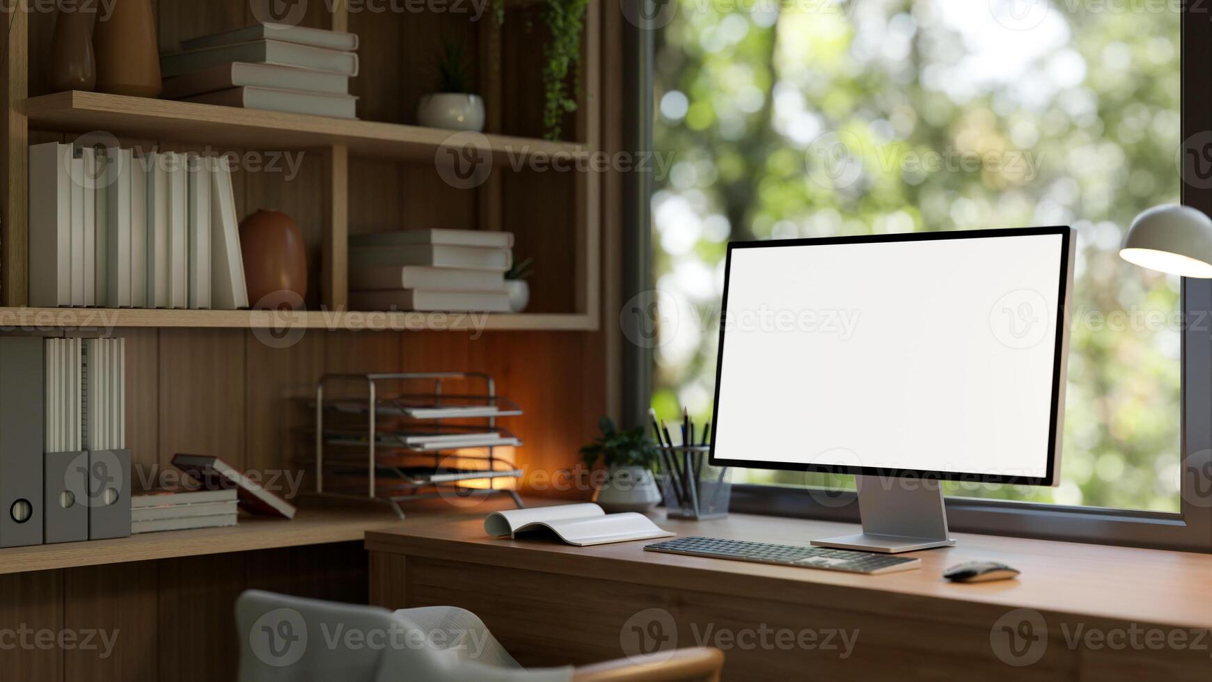 A computer mockup on a wooden desk against the window in a modern and comfortable home office. photo