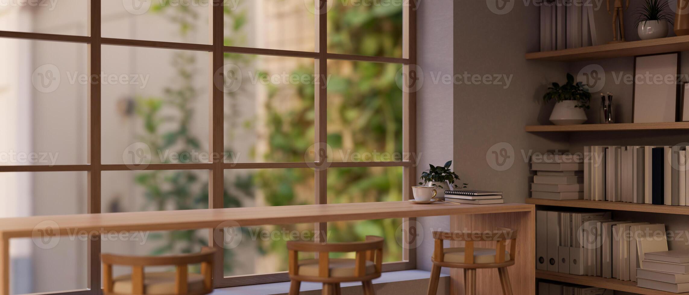 A cozy Scandinavian cafe co-working space seating area features a long hardwood table and stools. photo