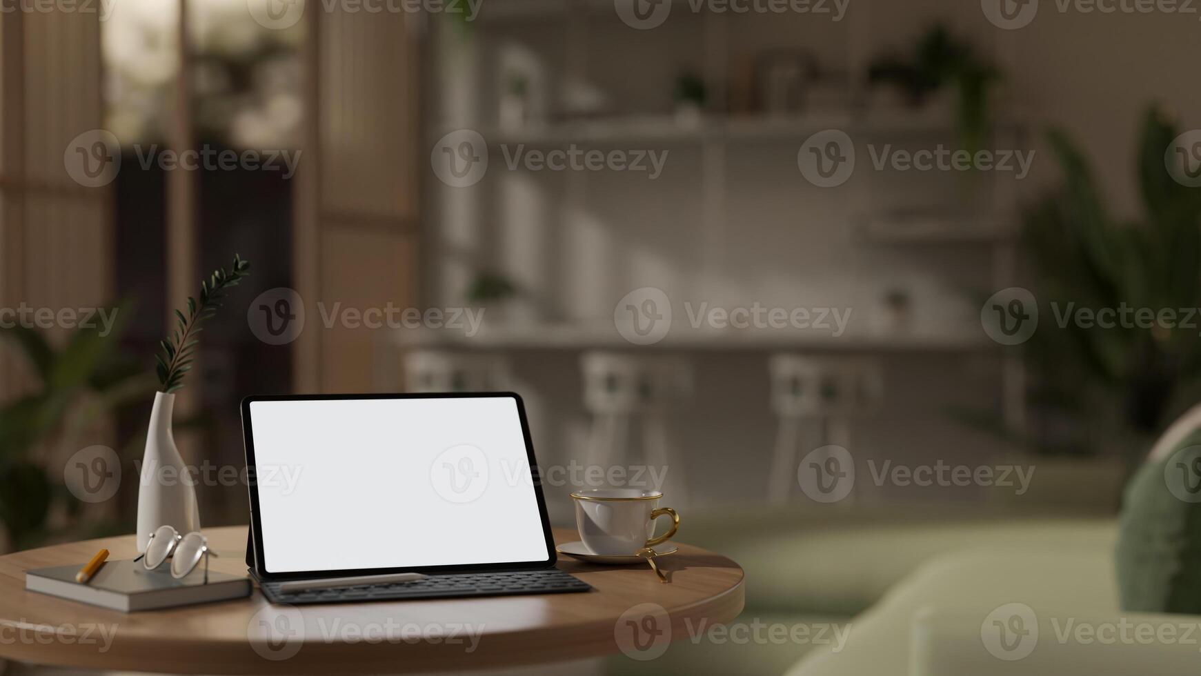 A white-screen digital tablet mockup and decor on a wooden coffee table in a modern living room. photo