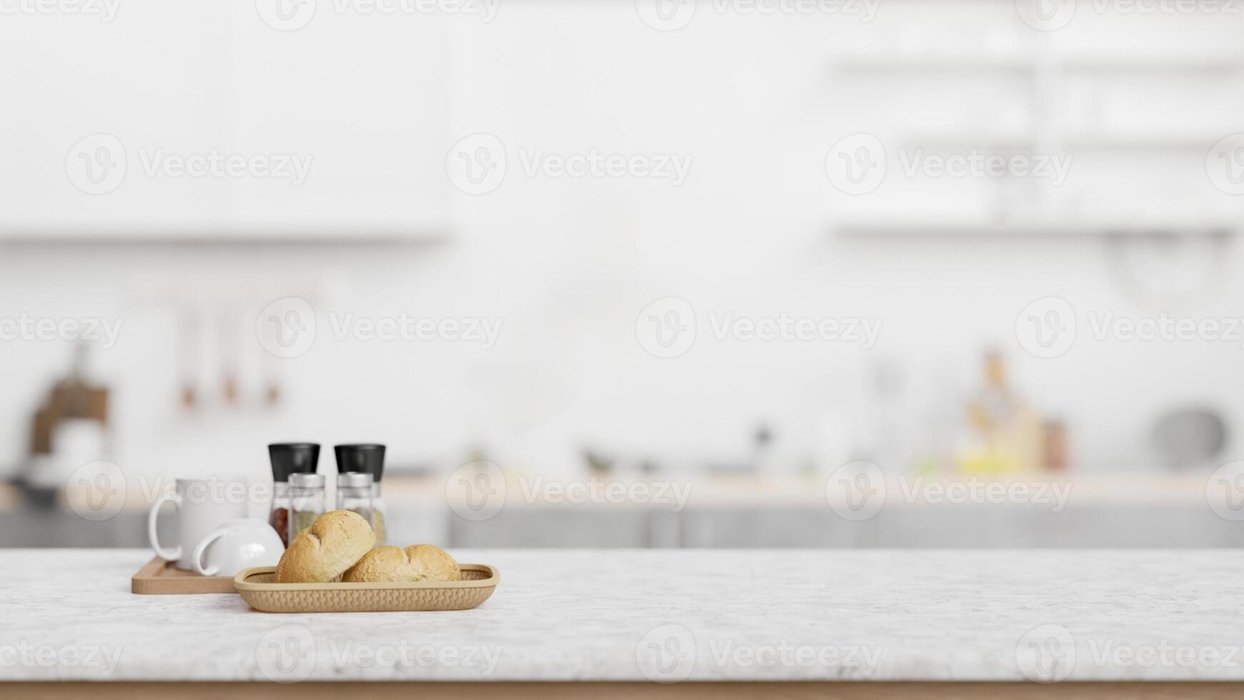 Marble counter top with blurred background of a minimal white kitchen. photo
