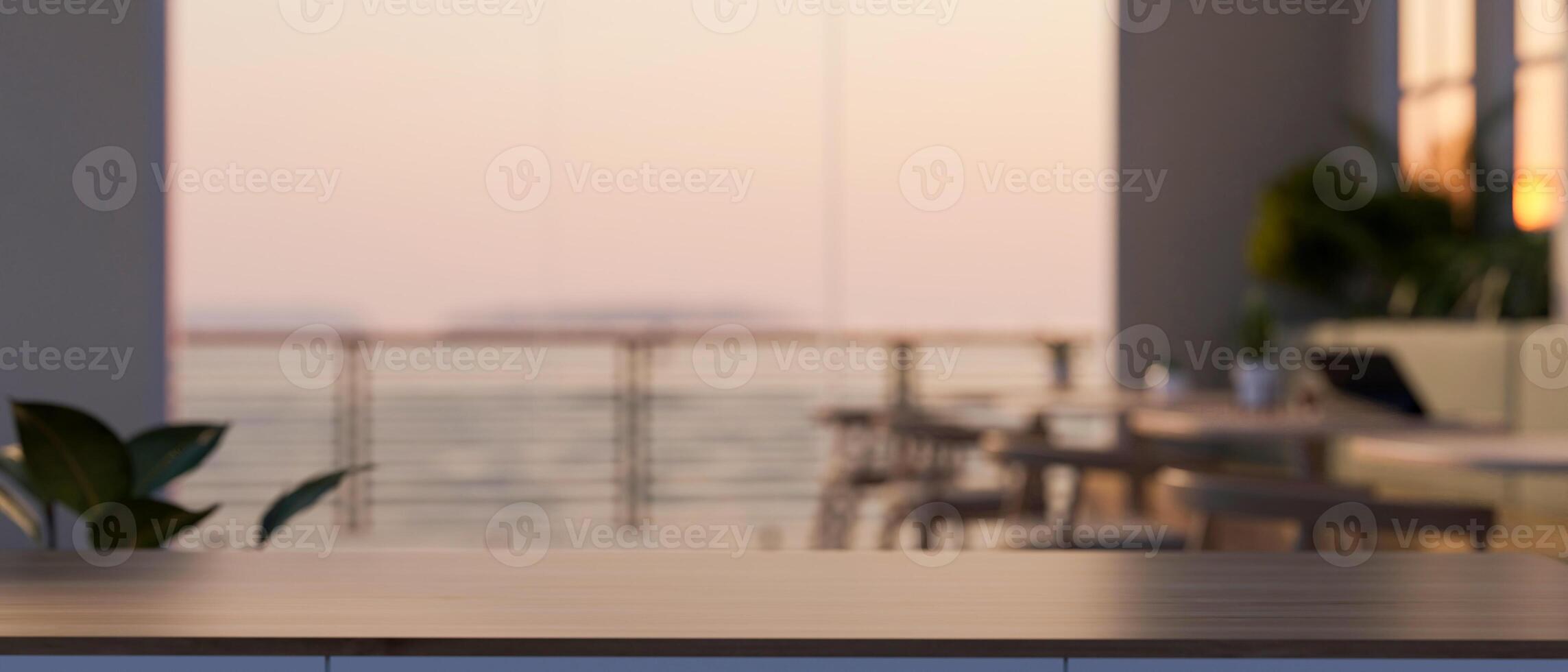 A modern hardwood tabletop with empty space with a blurred background of a modern cafe restaurant. photo