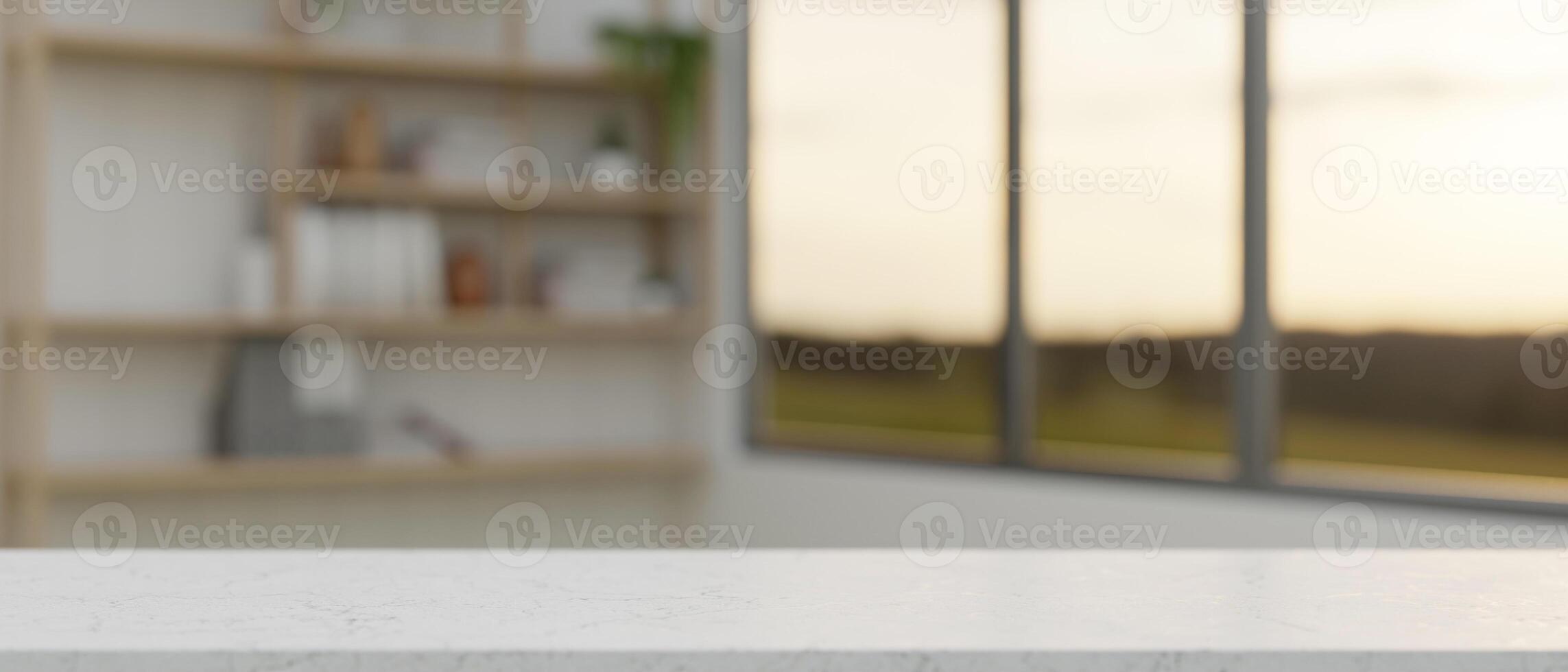 A white tabletop with empty space for display product with a blurred background of a minimalist room photo